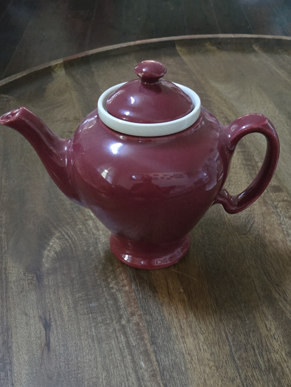 Vintage 1940s Ceramic Burgundy Teapot with White Rim - Brand Unknown